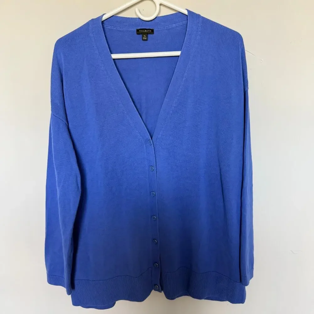 Talbots Sweater Cardigan Womens XL Blue V Neck Button Front Lightweight Knit